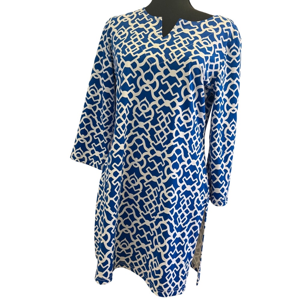 Barbara Gerwit Womens Blue White Geometric Notched V-Neck 3/4 Sleeve Tunic Top L